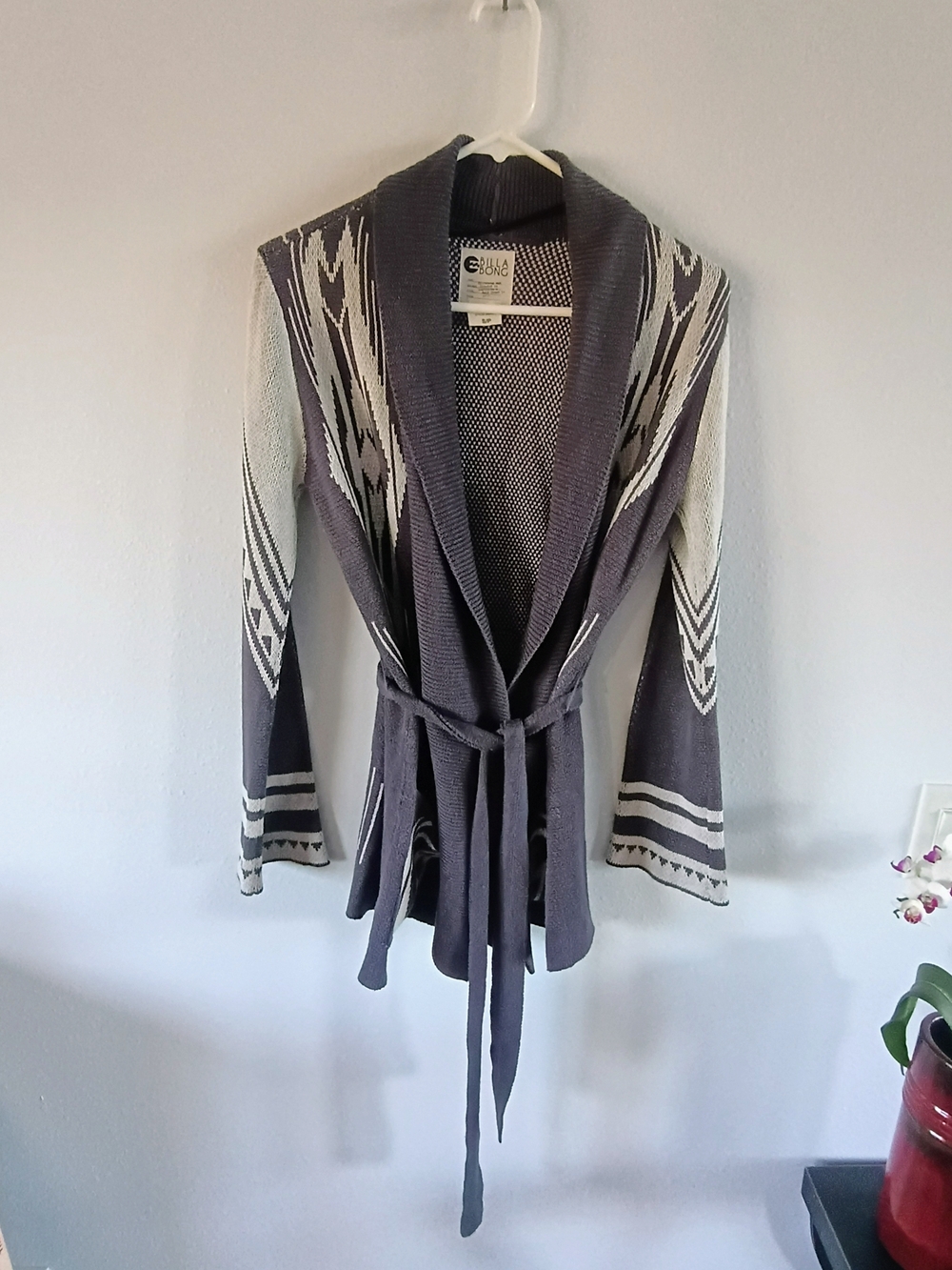 Billabong Women’s Small Boho Aztec Shawl Collar Belted Knit Cardigan Sweater